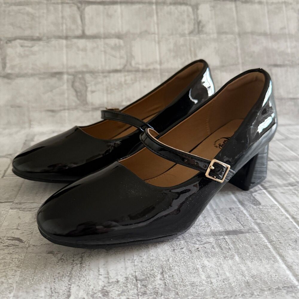 NWOB Trary Black Patent Leather Chunky Block Heel Round Toe Mary Jane Pumps Sz 9 - Picture 3 of 12